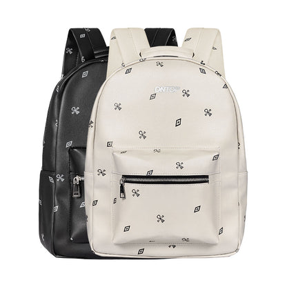 Two backpacks, one black and one white with a pattern, on a white background.