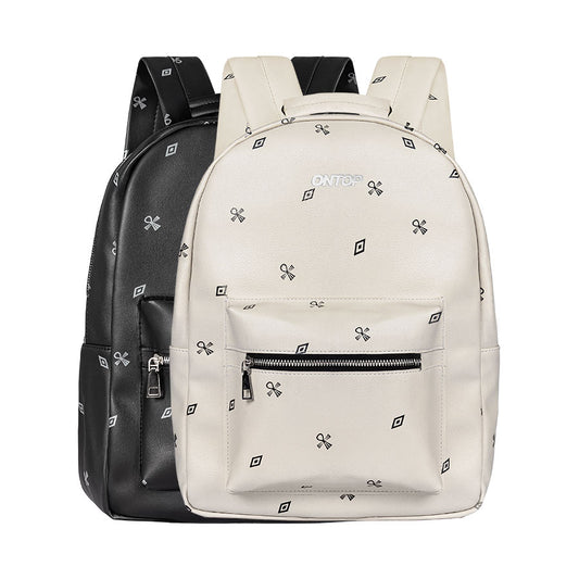 Two backpacks, one black and one white with a pattern, on a white background.