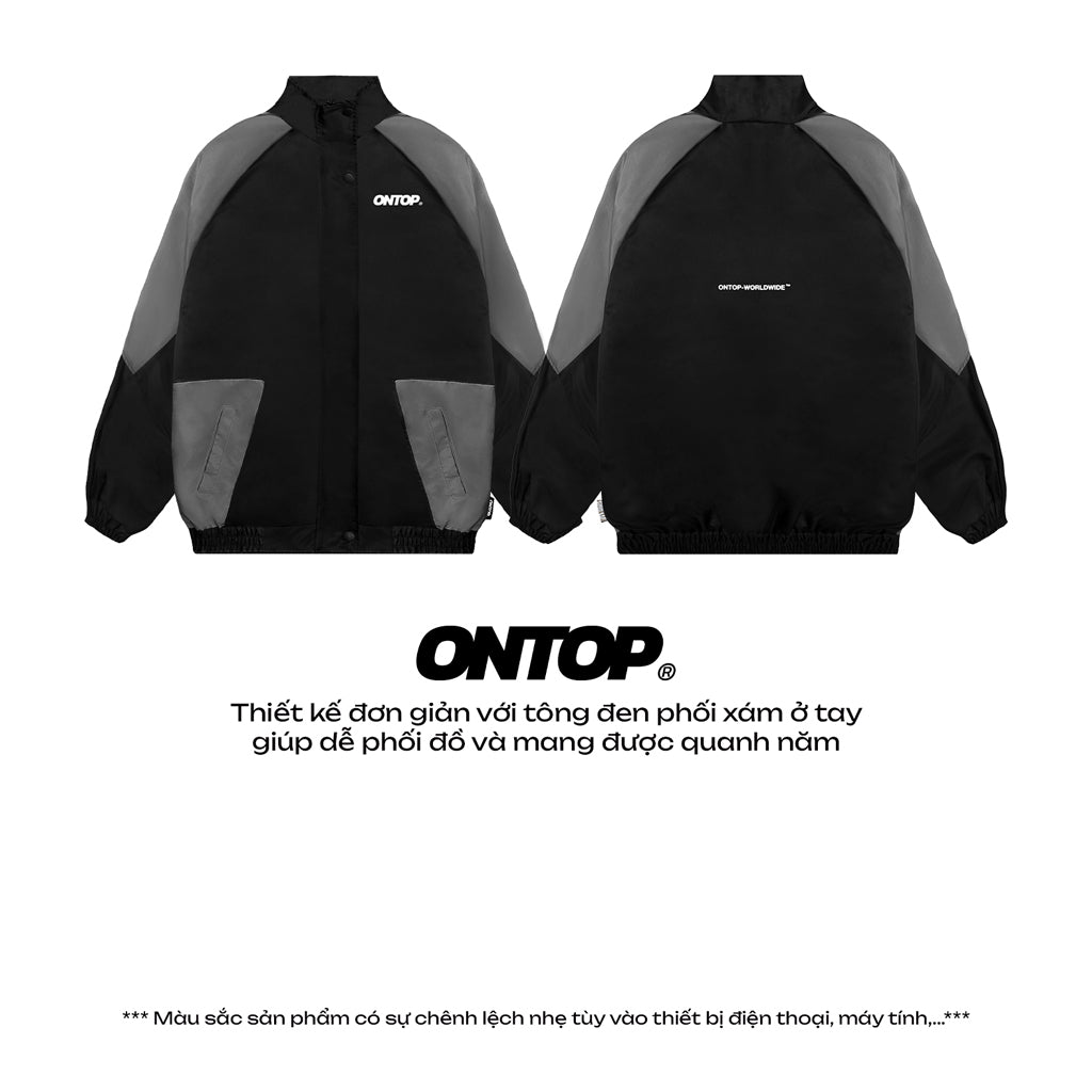 Black and gray jacket with 'ONTOP' branding on a white background