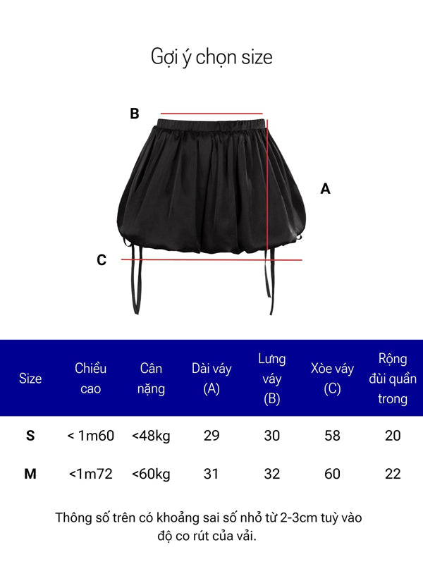 Black skirt with measurement chart for size selection on a white background