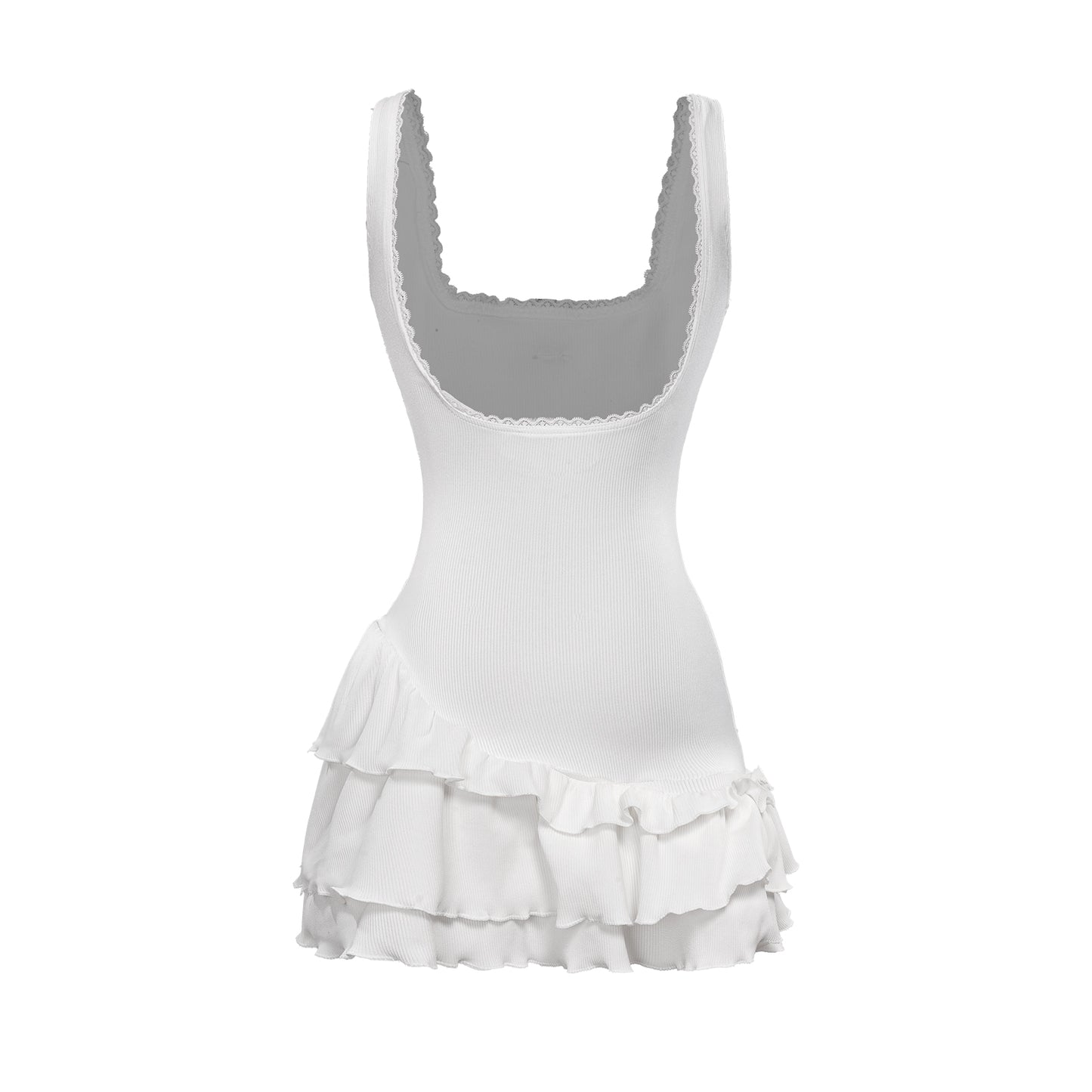 White sleeveless top with ruffled skirt on a white background