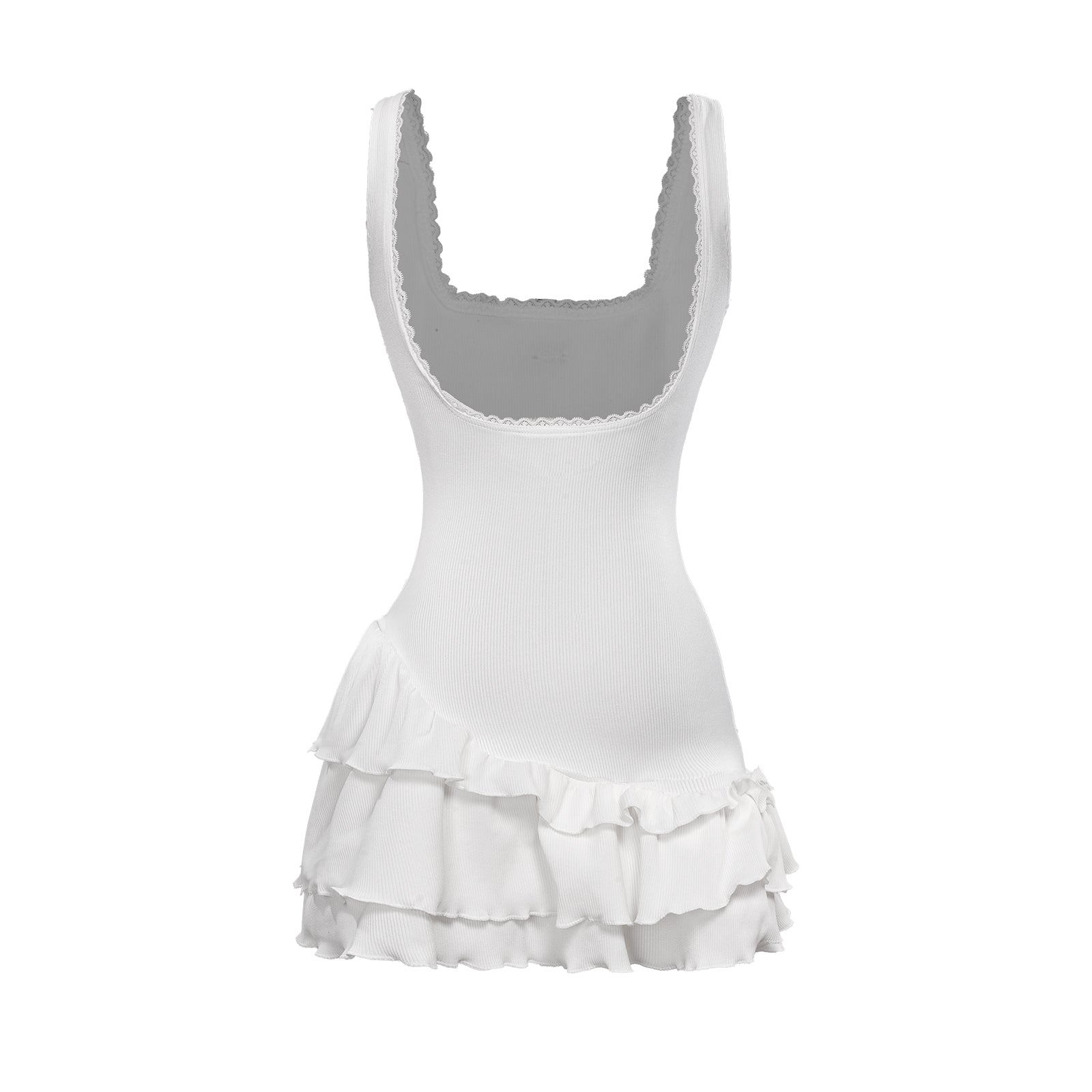 White sleeveless top with ruffled skirt on a white background