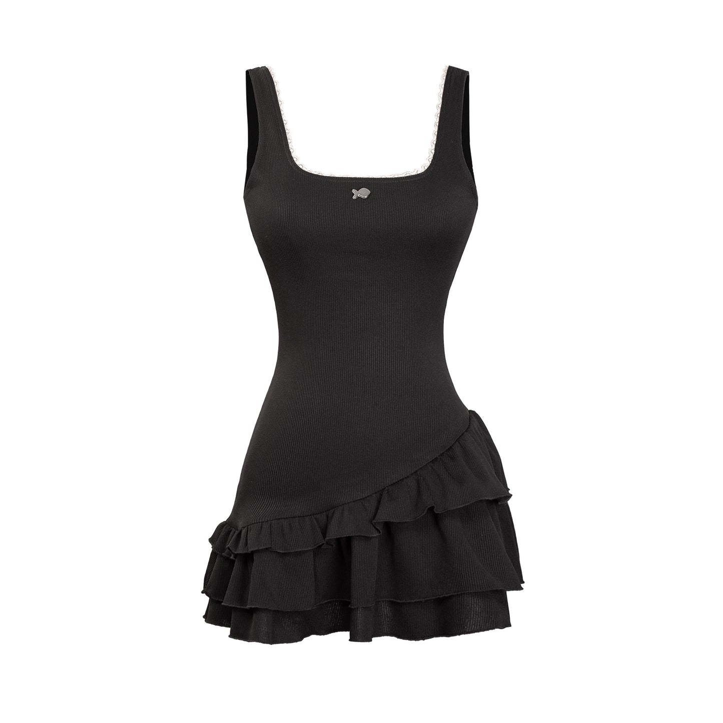 Black dress with ruffled skirt on a white background