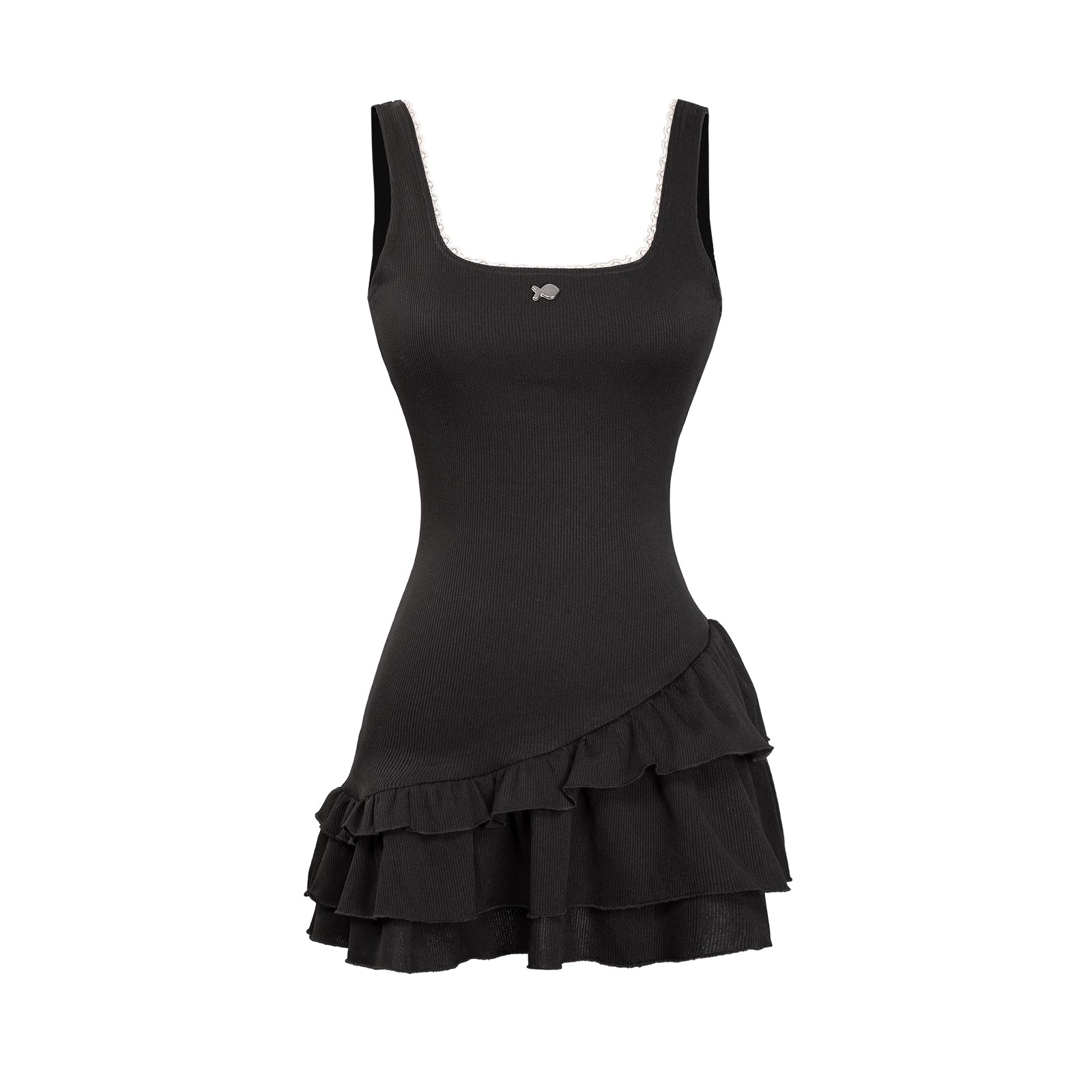 Black dress with ruffled skirt on a white background