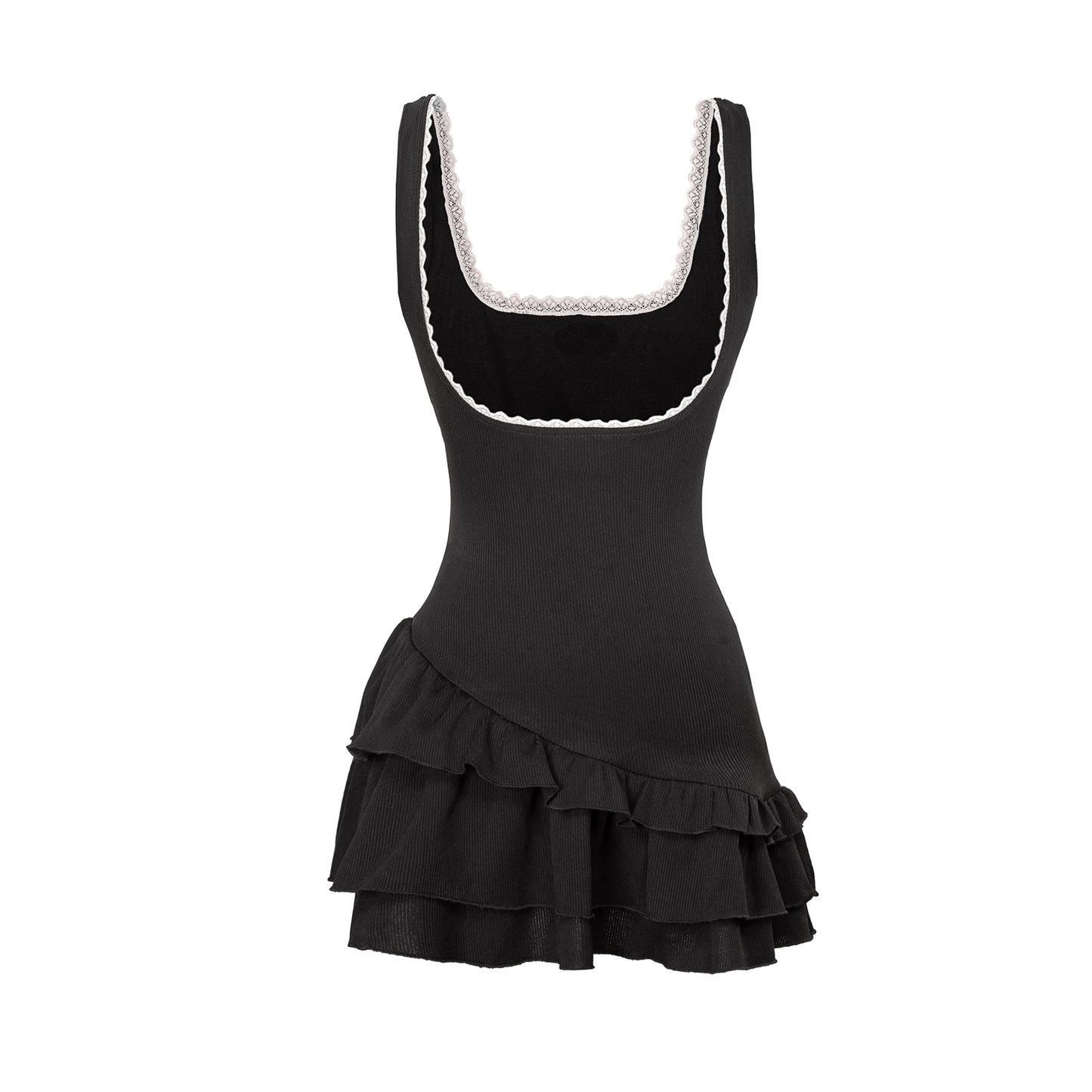 Black dress with white lace trim on a white background