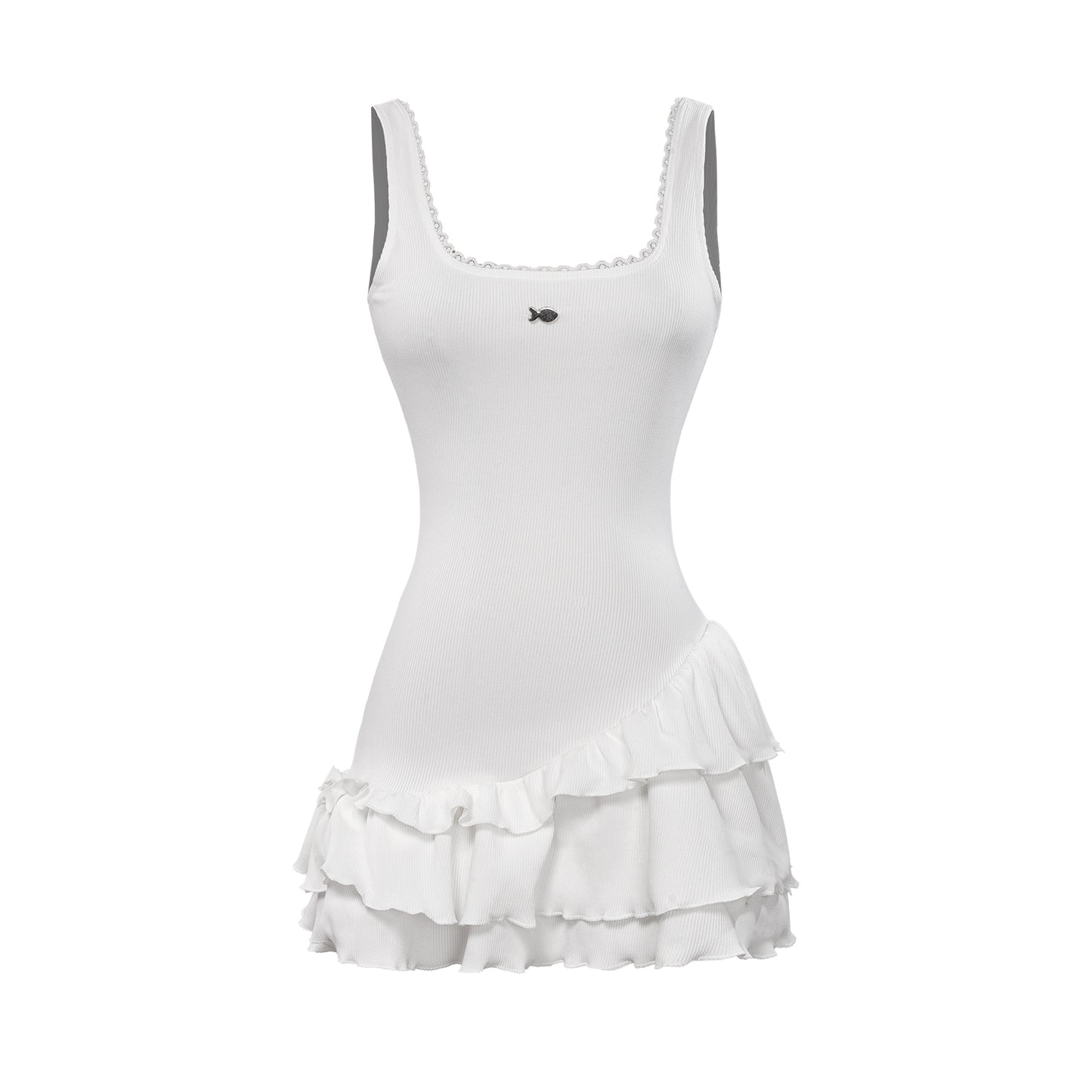 White dress with ruffled skirt on a white background
