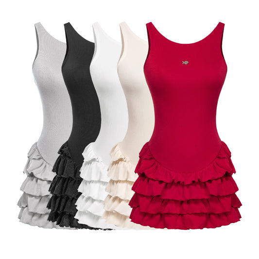Four tank tops with ruffled skirts in gray, black, white, and red on a white background.