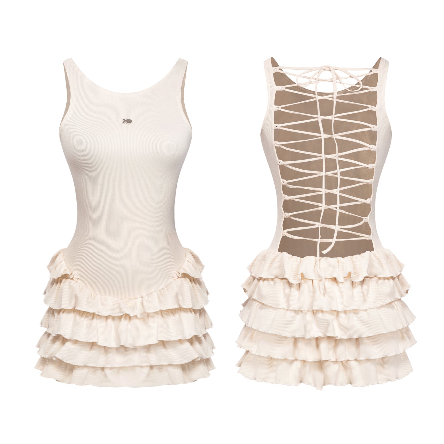 Two tank tops with ruffled skirts on a white background