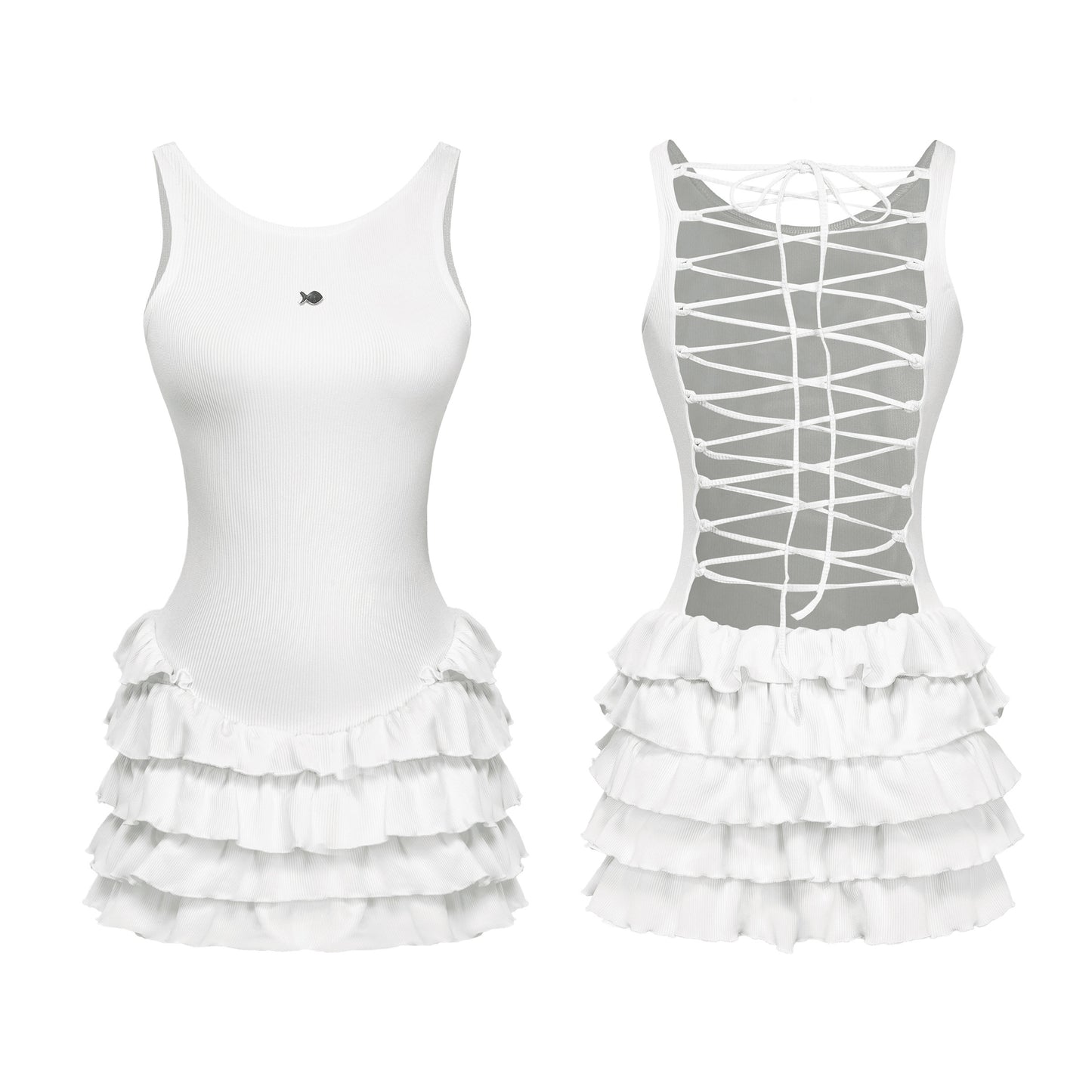 White tank top with ruffled skirt and lace-up back design on a white background