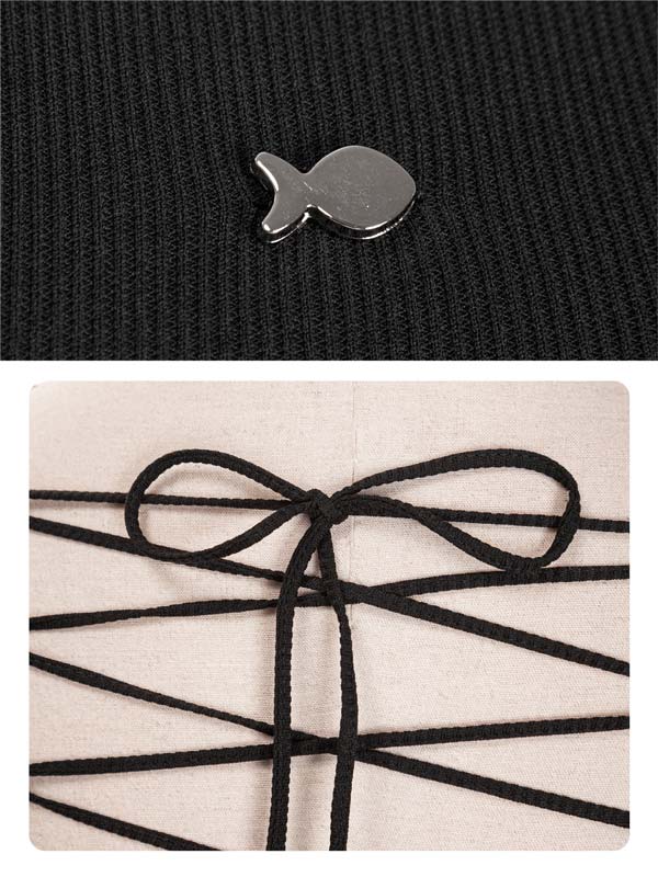 Metallic fish-shaped pin on black fabric and black lace shoe detail on beige fabric.