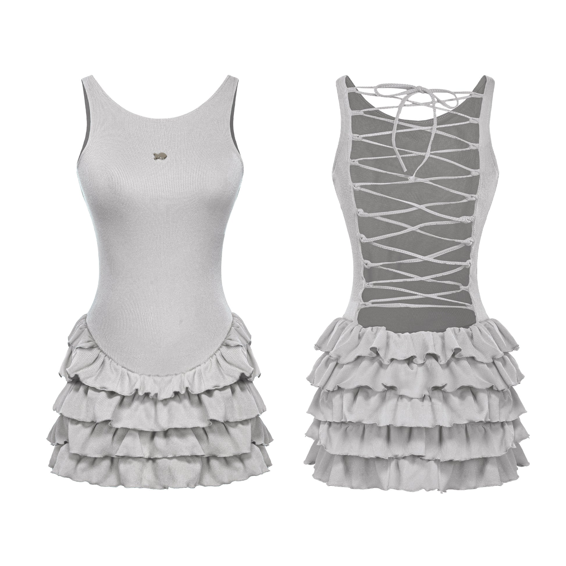 Gray dress with ruffled skirt on a white background
