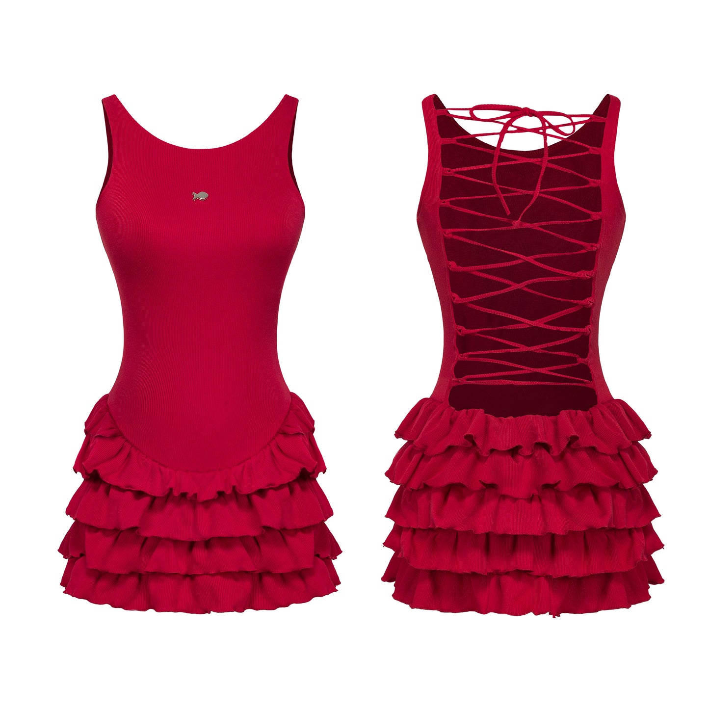 Two red dresses with different designs on a white background
