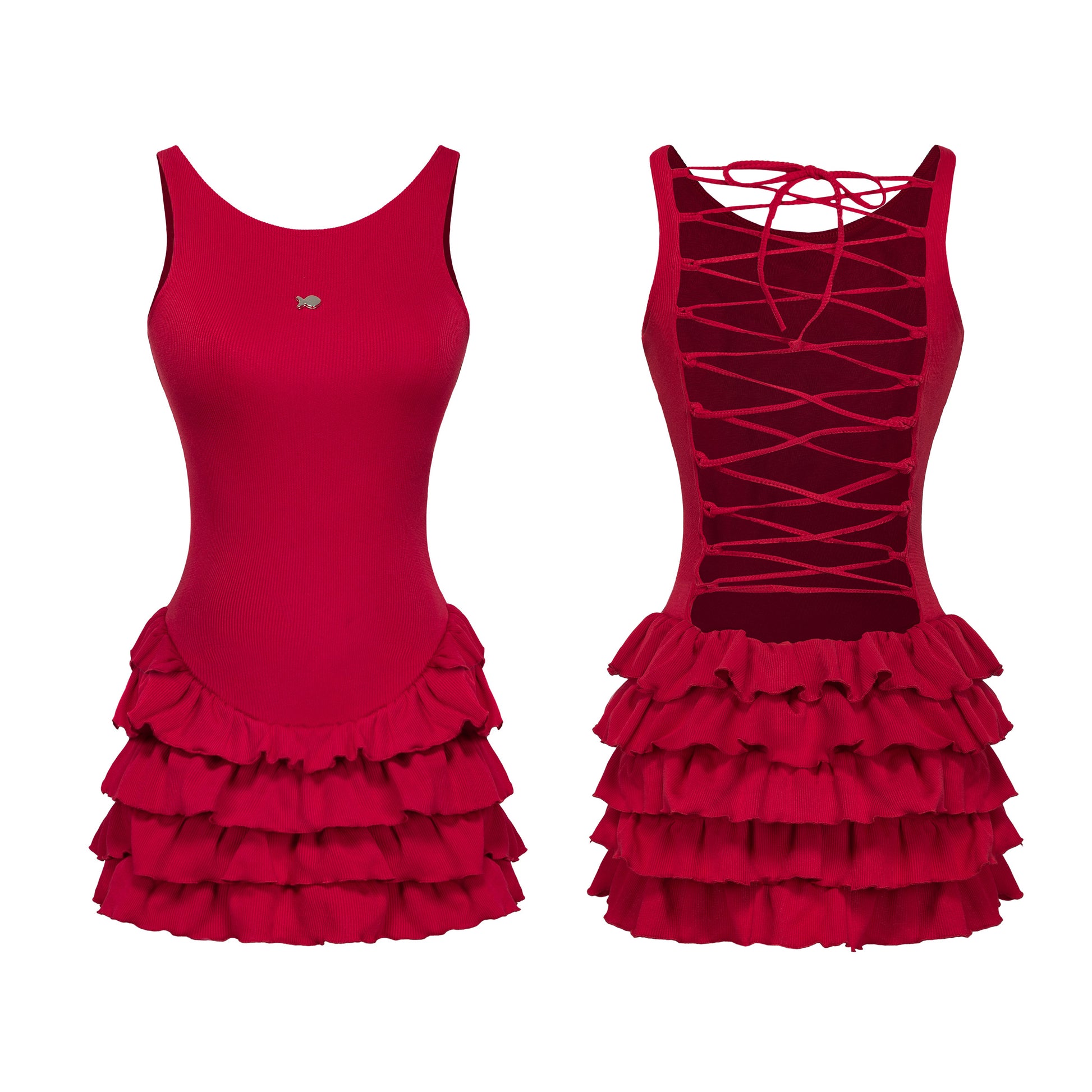 Two red dresses with different designs on a white background