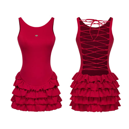 Two red dresses with different designs on a white background