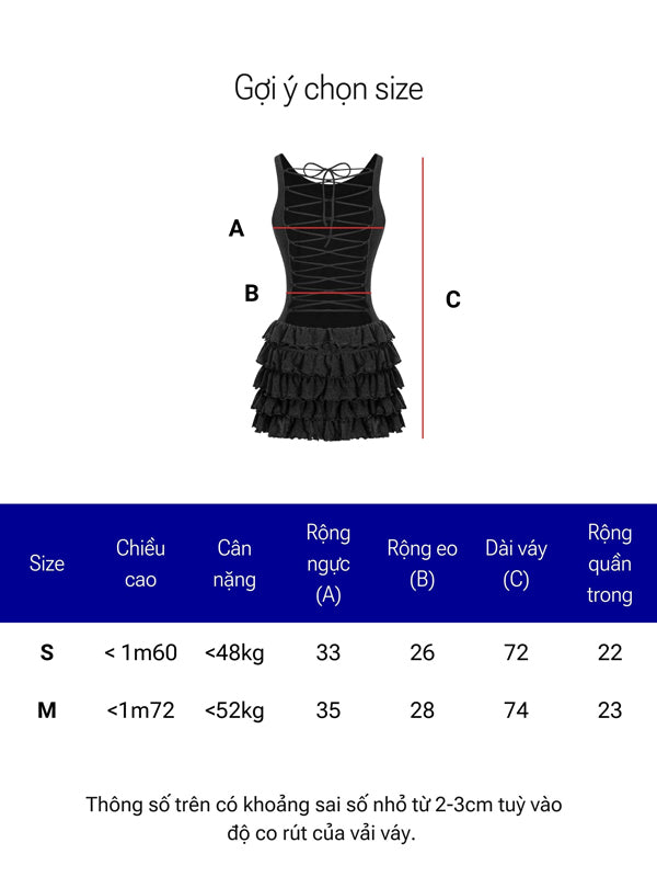 Black dress with size chart measurements on a white background
