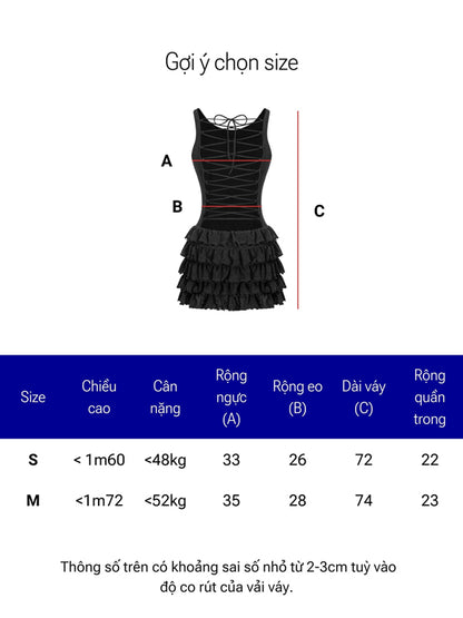 Black dress with size chart measurements on a white background