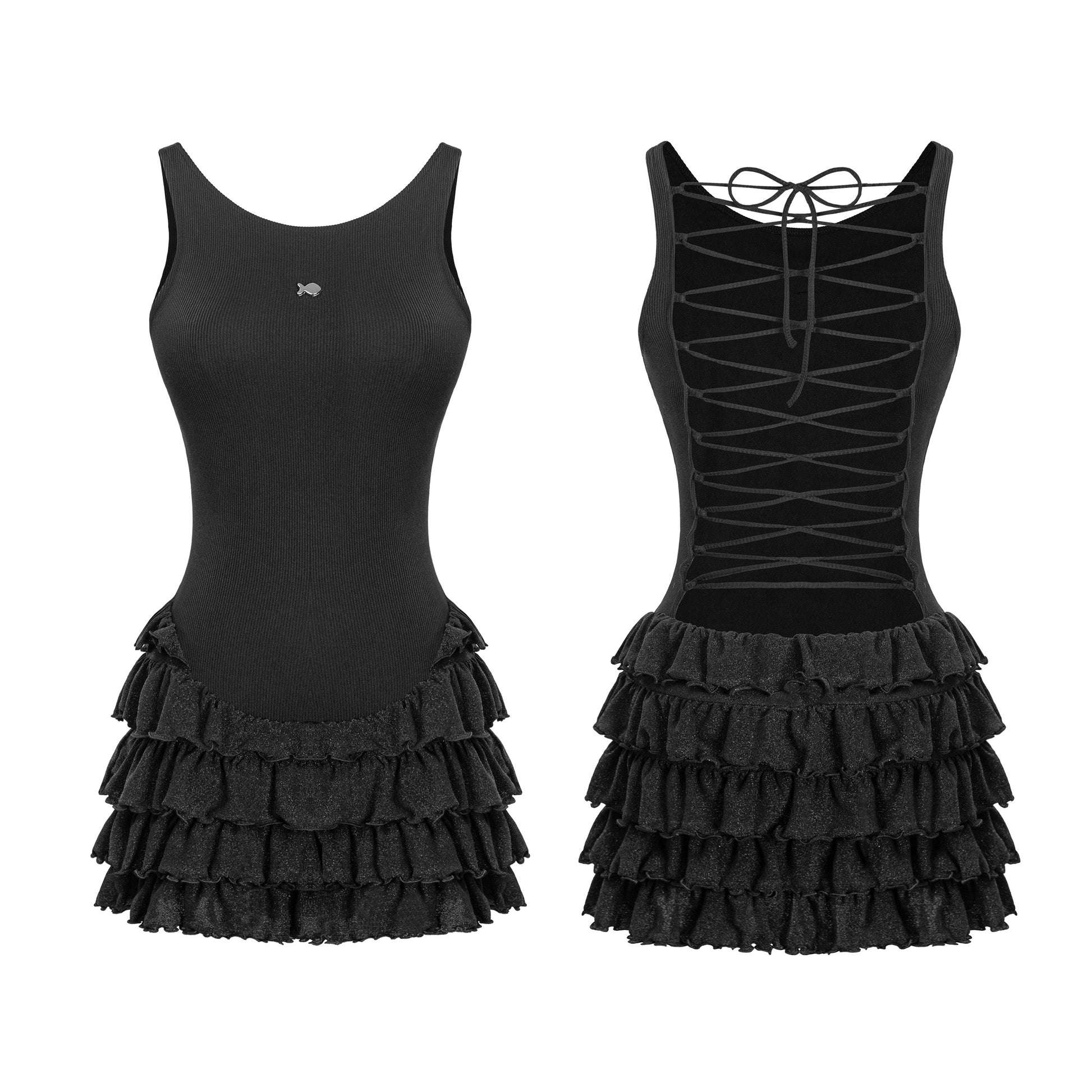 Two black dresses with ruffled skirts on a white background