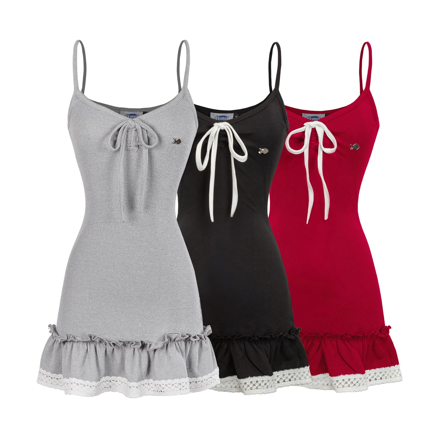 Three dresses in gray, black, and red with lace trim on a white background