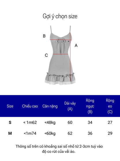 Size chart for a gray dress with measurements labeled A, B, and C on a white background.