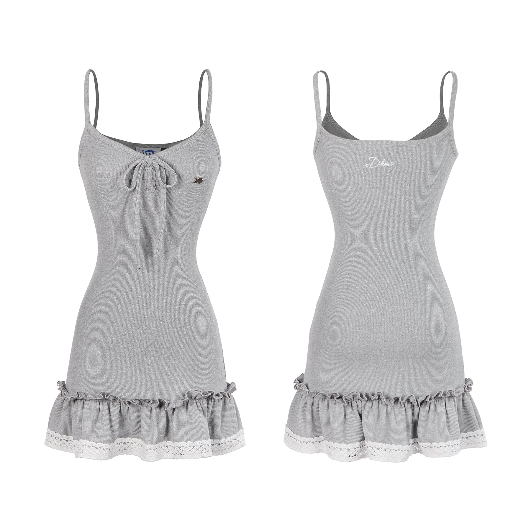 Two gray nightgowns with lace trim on a white background