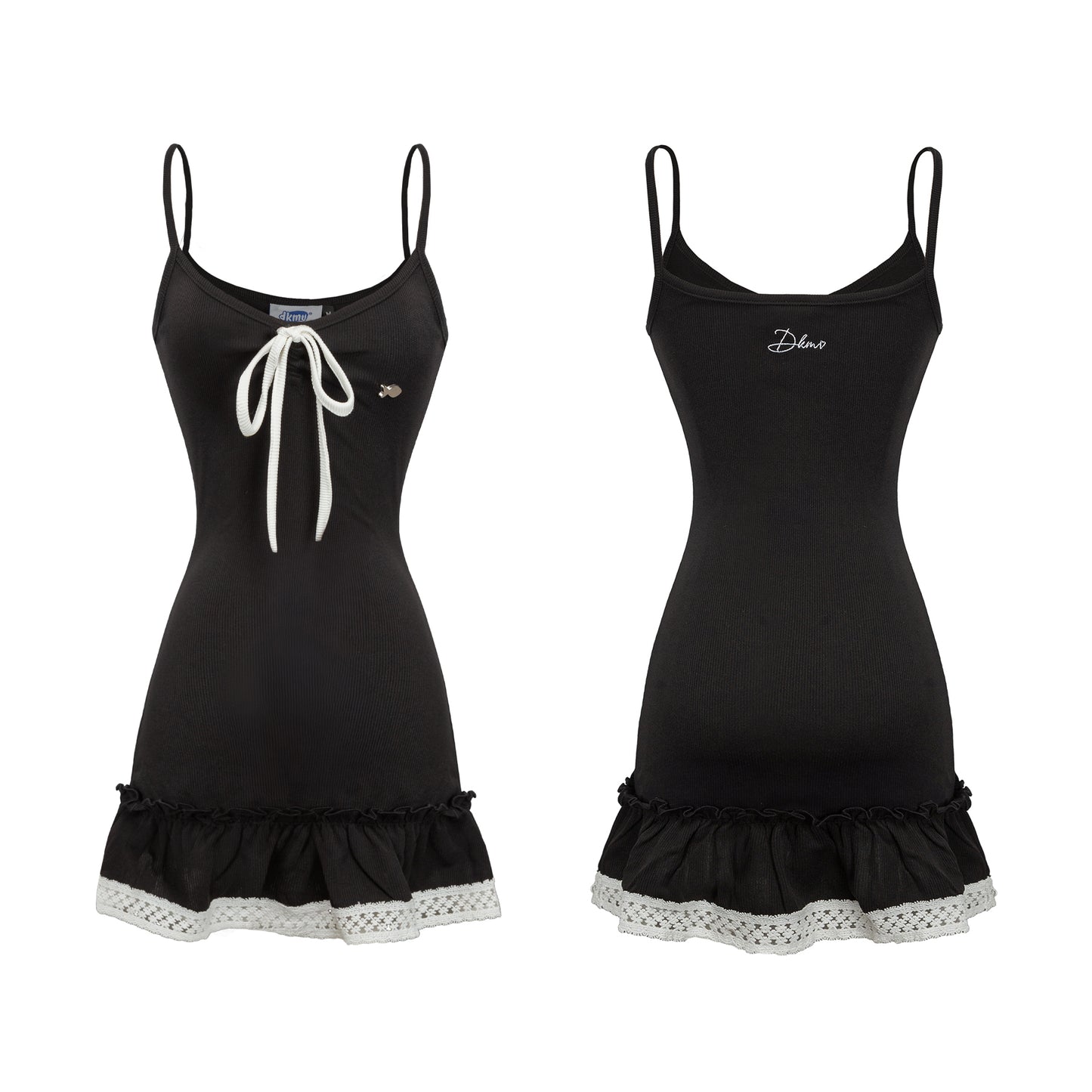 Two black nightgowns with white lace trim on a white background