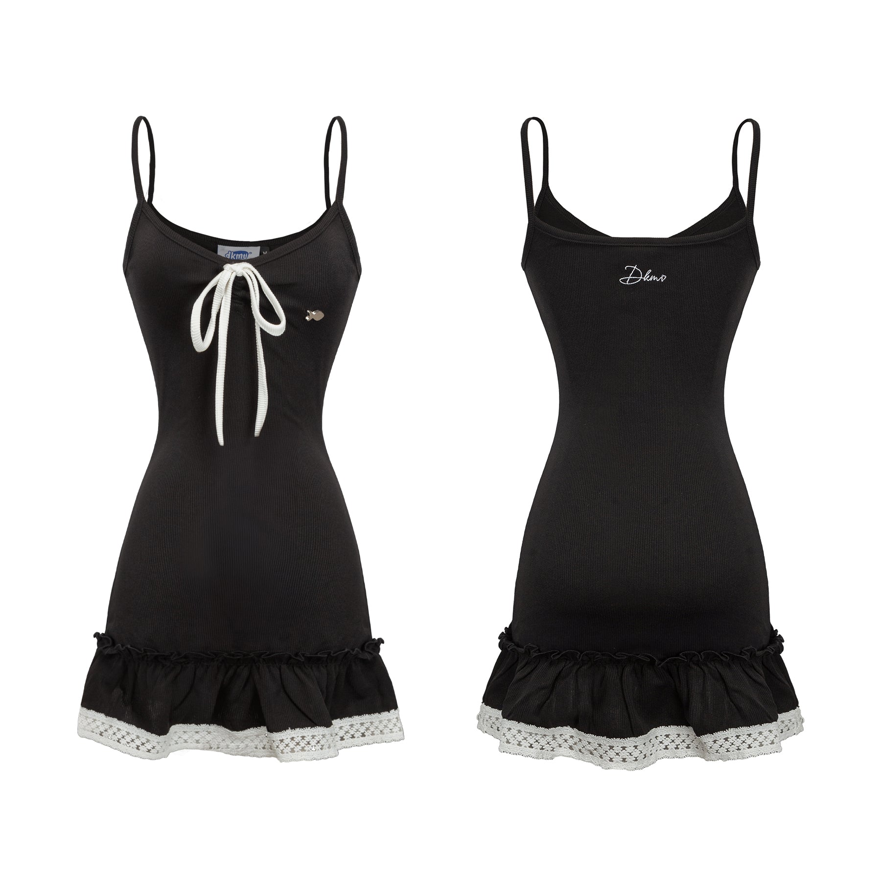 Two black nightgowns with white lace trim on a white background