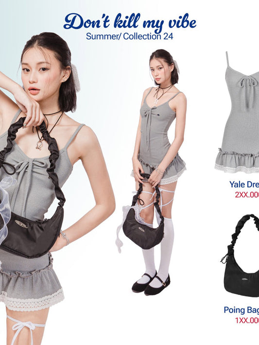 Woman wearing a gray dress with a black bag, with text 'Don't kill my vibe Summer Collection 24' and product names.