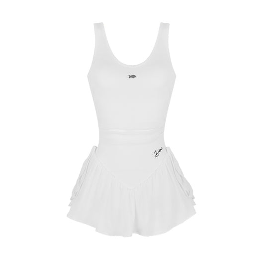 White sleeveless top and skirt set with brand logo on a white background