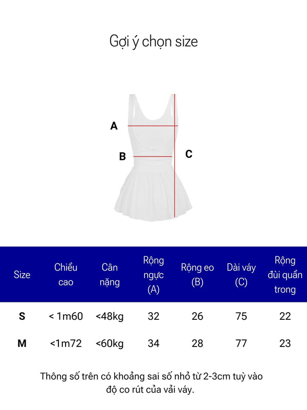 White dress with measurement chart for size selection on a white background