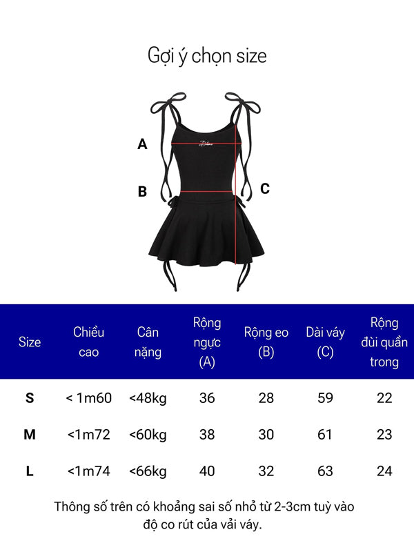 Black swimsuit with size chart measurements on a white background