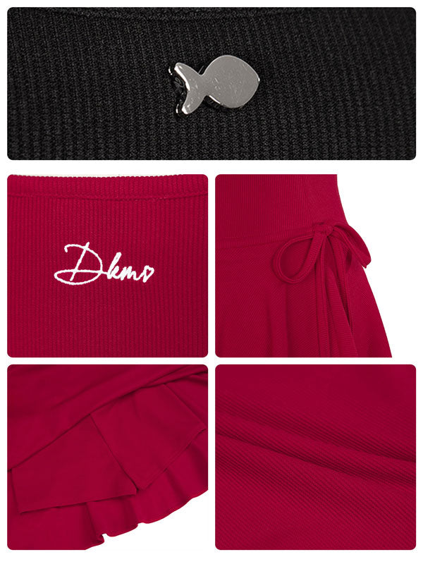 Red skirt with 'Dkns' branding and a black belt with a silver fish buckle.