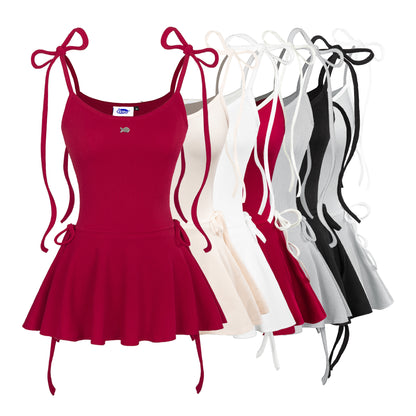 Red dress with bow straps displayed with additional dresses in different colors on a white background.