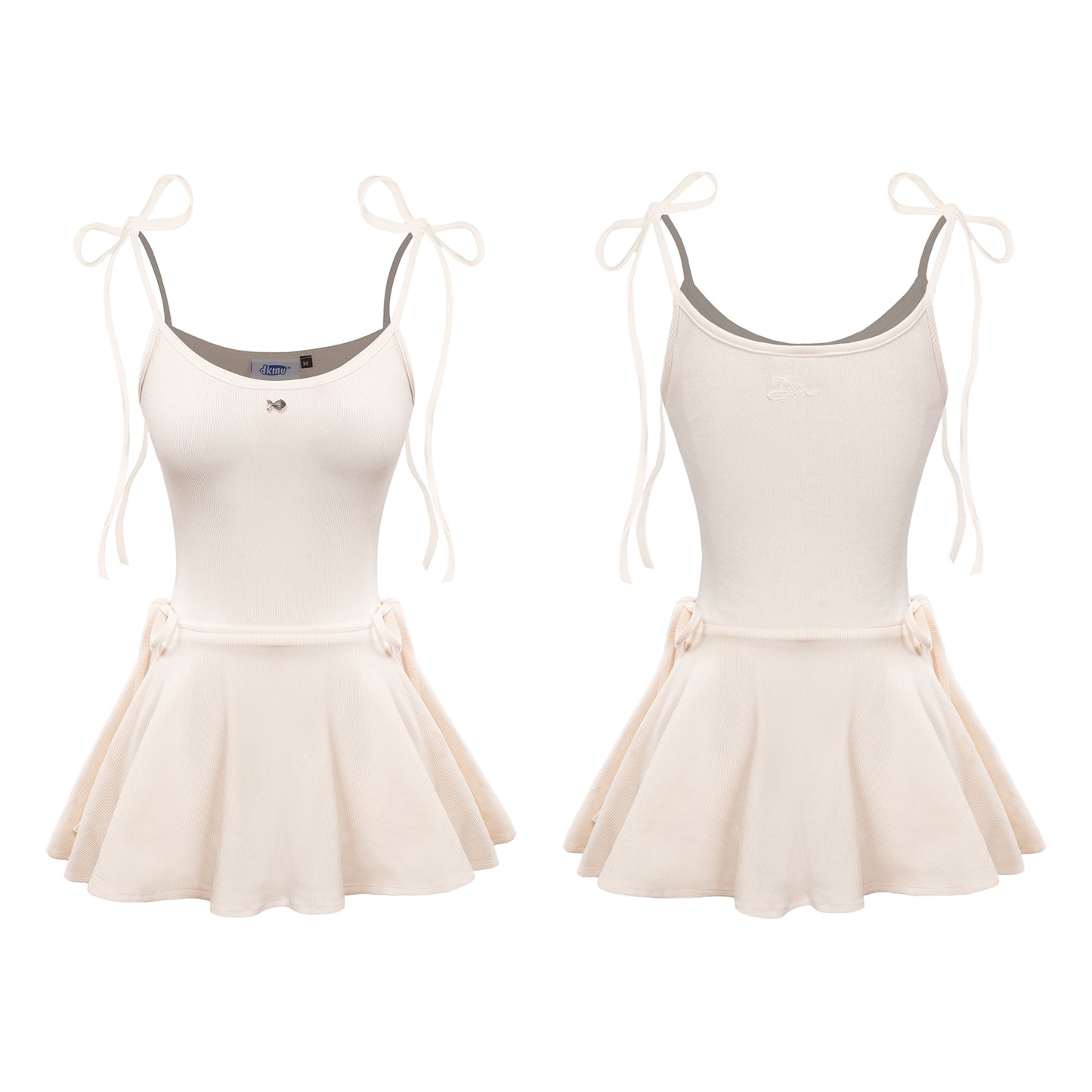 Beige dress with thin straps and a skirt on a white background