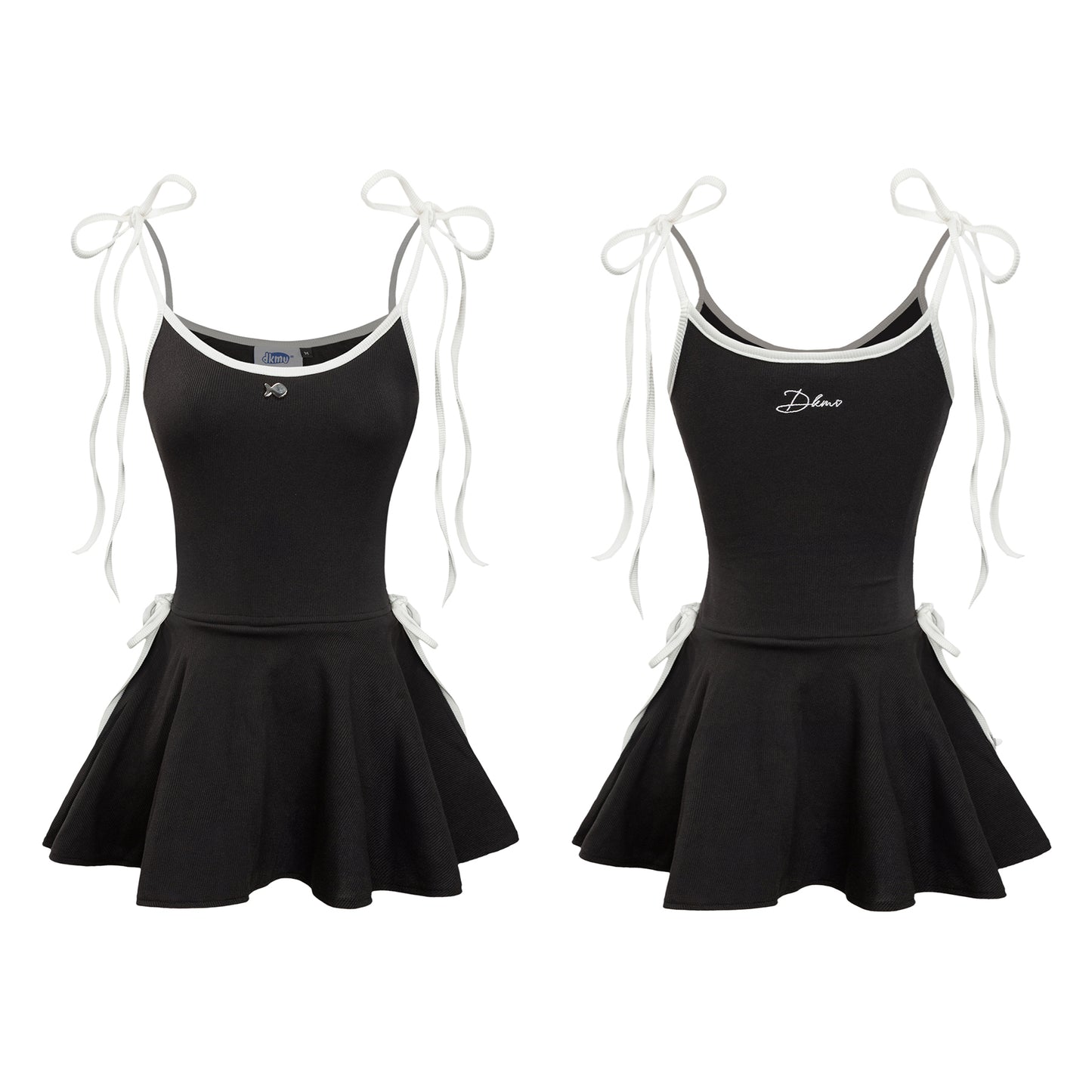 Black dress with white straps and 'Dance' embroidery on a white background