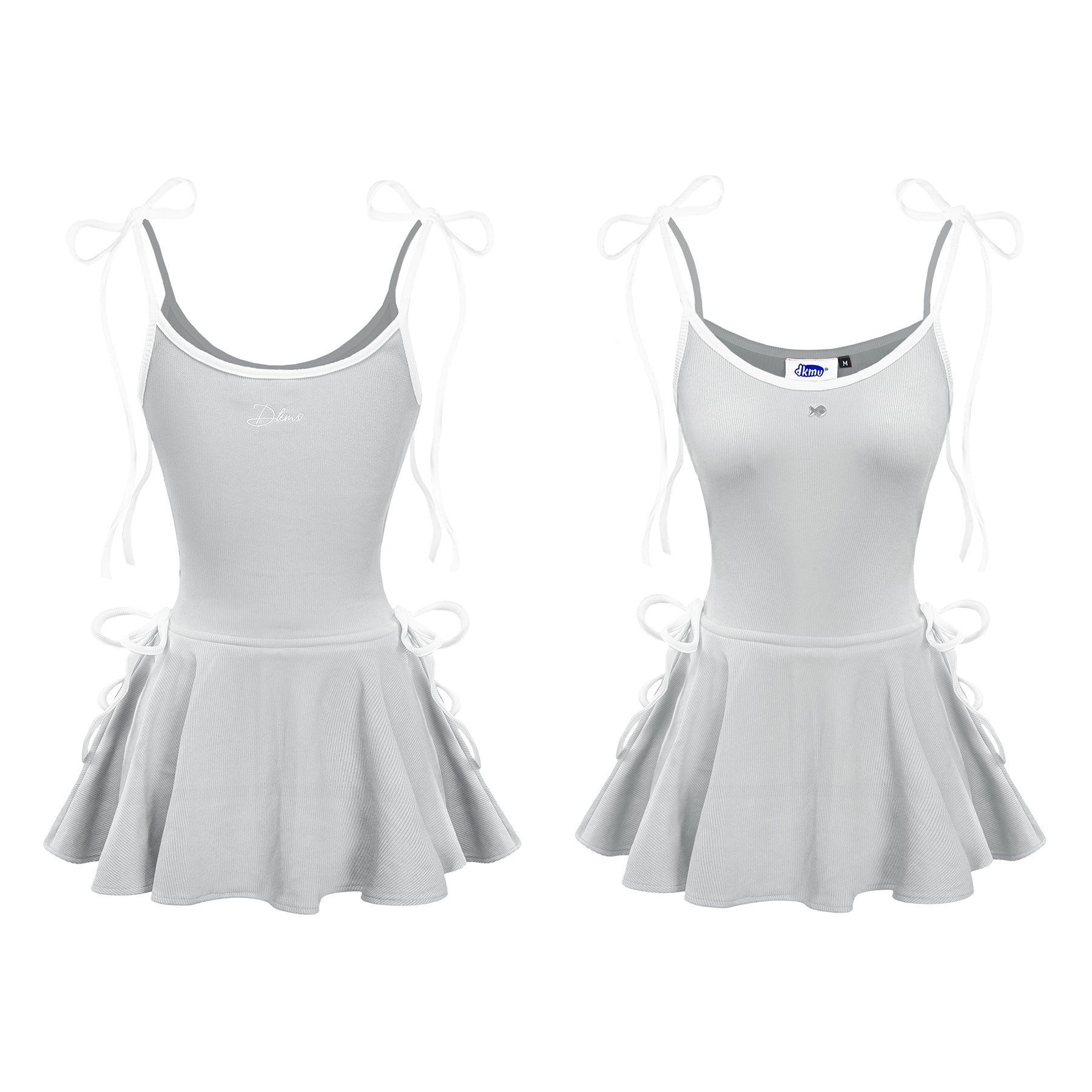 White sleeveless dress with a skirt on a white background