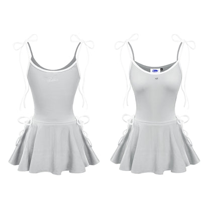 White sleeveless dress with a skirt on a white background