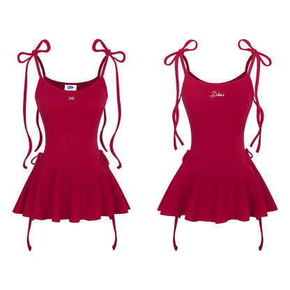 Red dress with ribbon straps on a white background