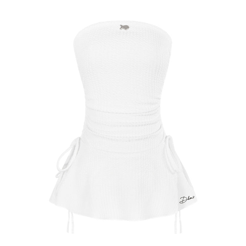 White strapless dress with brand logo on a white background
