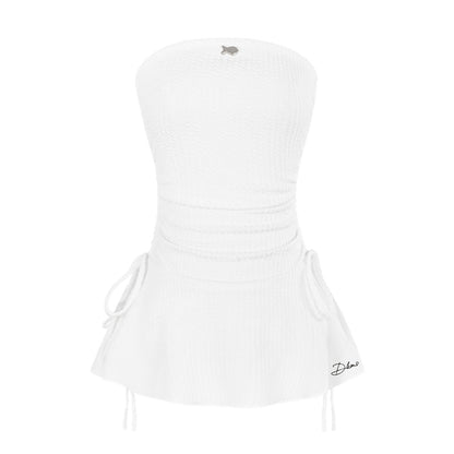 White strapless dress with brand logo on a white background