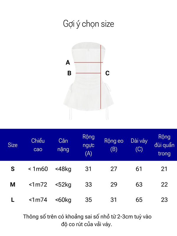 Size chart for a garment with measurements labeled A, B, and C on a white background.