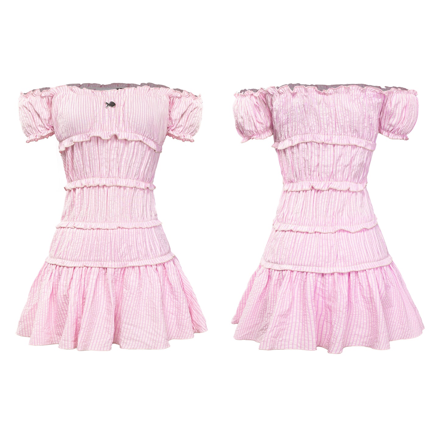 Pink dress with ruffled sleeves and layers on a white background