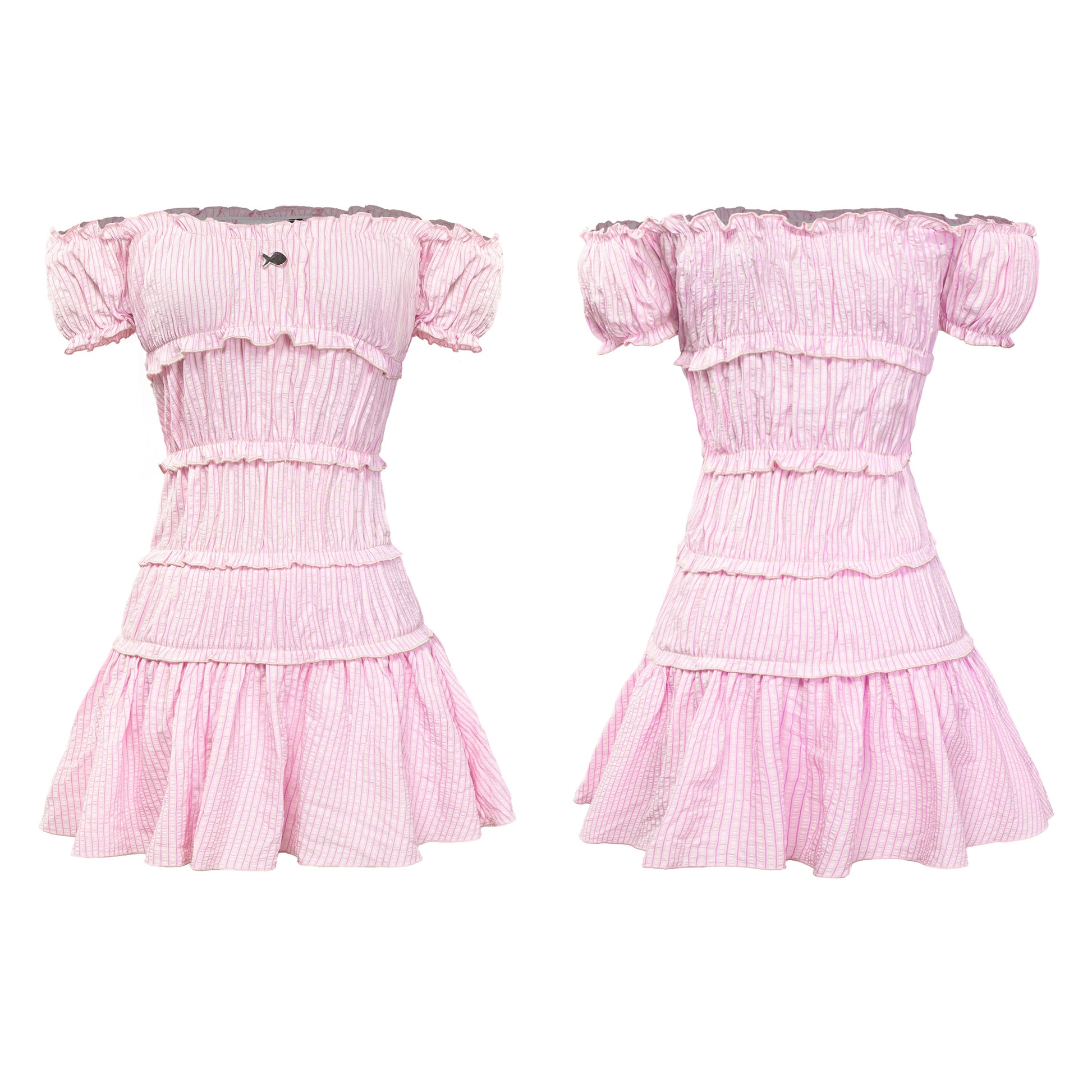 Pink dress with ruffled sleeves and layers on a white background