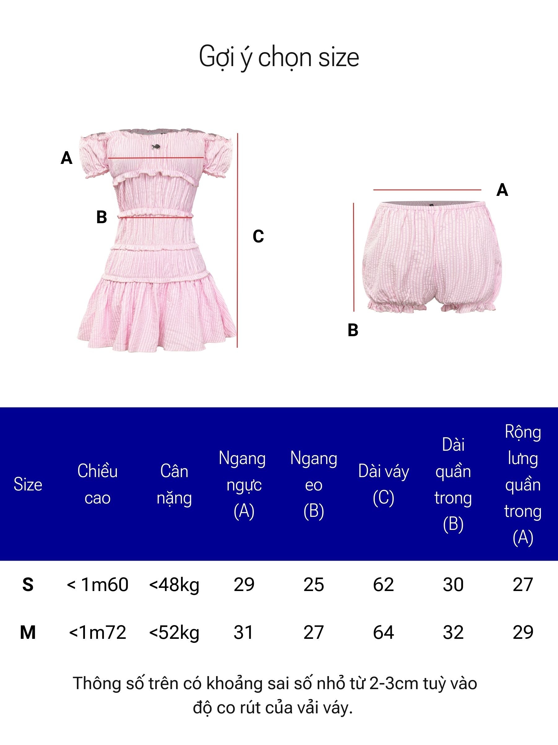 Pink dress with size chart and measurements on a white background