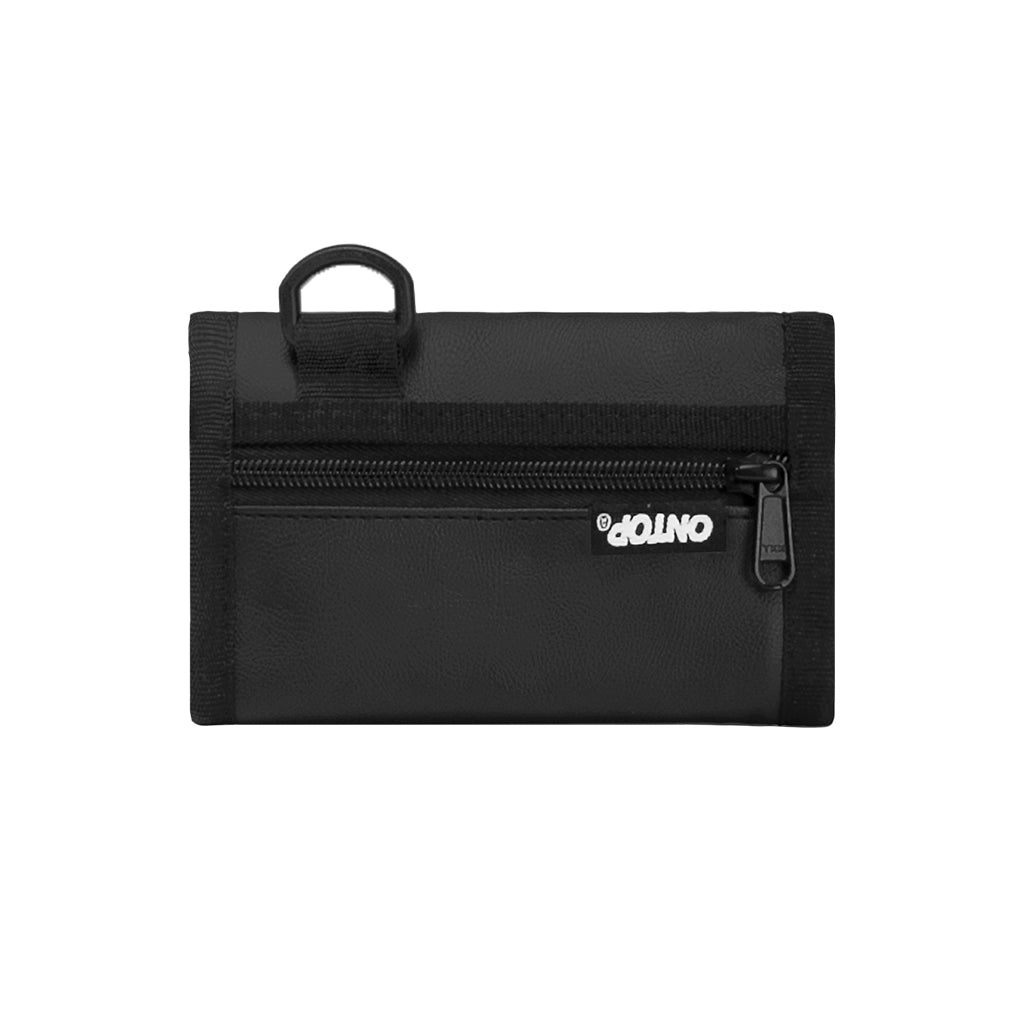 Black wallet with a visible brand logo on a white background
