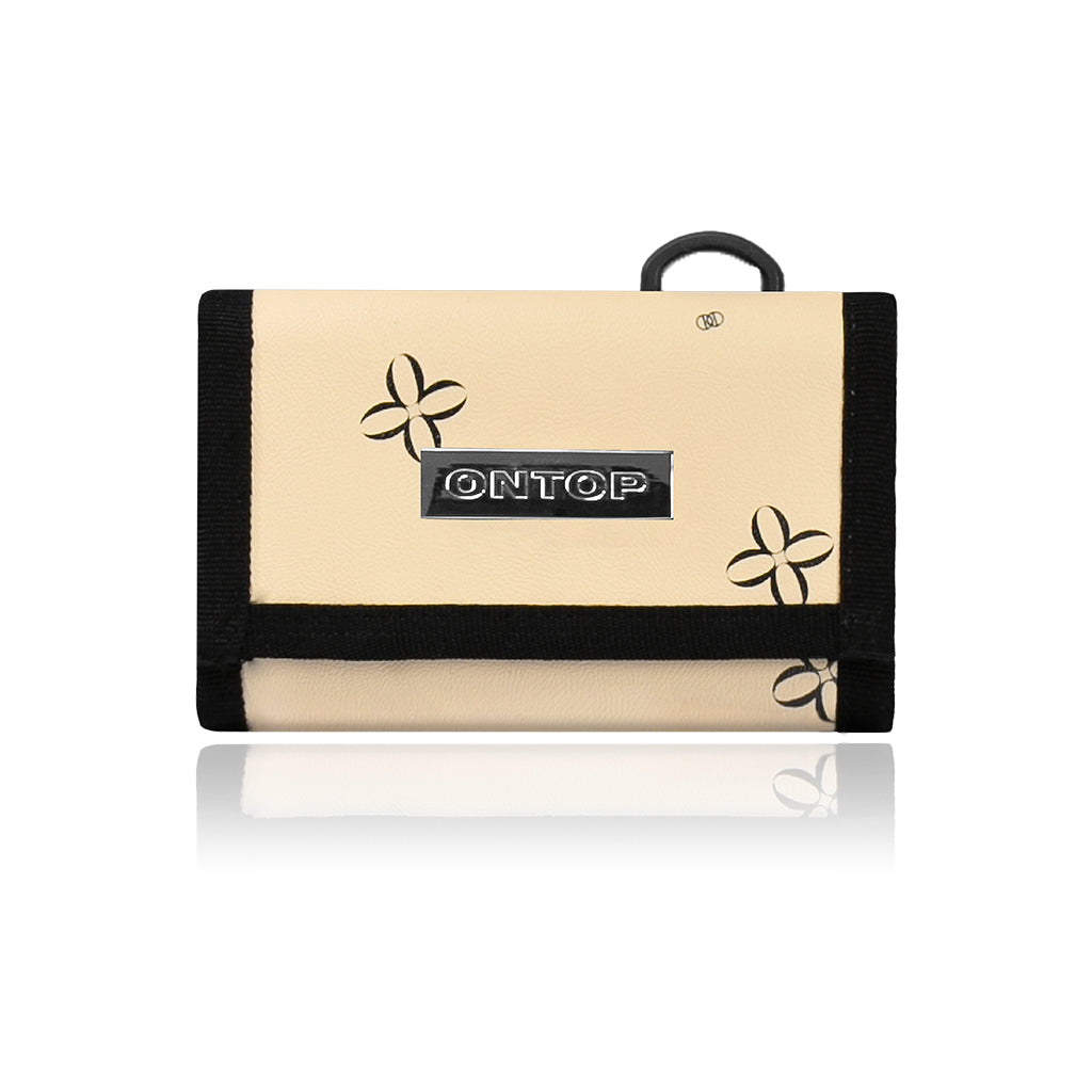 Beige wallet with black trim and floral designs on a white background, featuring the brand 'ONTOP'.