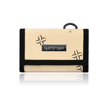 Beige wallet with black trim and floral designs on a white background, featuring the brand 'ONTOP'.
