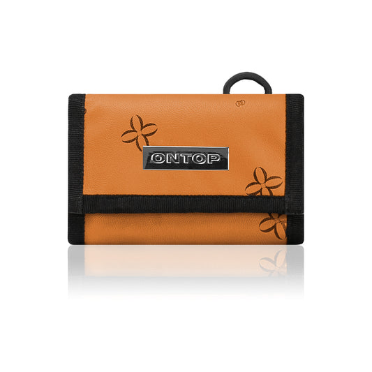 Orange wallet with black accents and 'ONTOP' branding on a white background