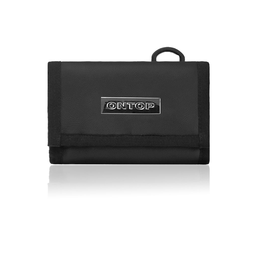 Black wallet with 'ONTOP' branding on a white background