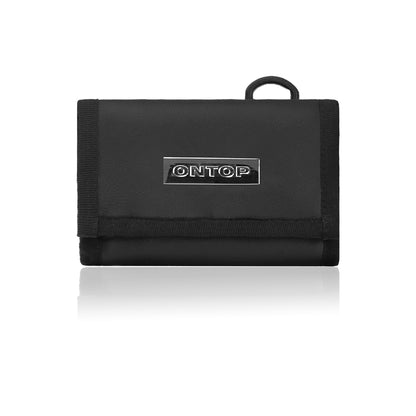 Black wallet with 'ONTOP' branding on a white background