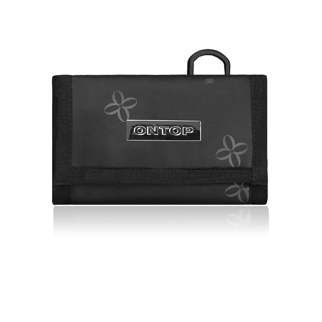 Black wallet with 'ONTOP' branding on a white background